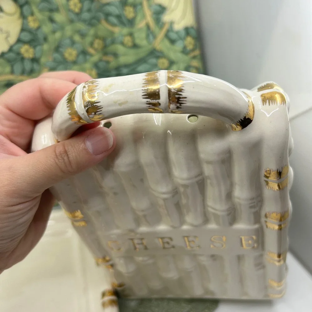 Vintage Cheese Keeper Block Triangle Ceramic Covered Vented Dish Gold White